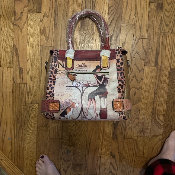 Nicole Lee Chic Illustrated Satchel with Leopard Print hollywood cafe art deco - Picture 3 of 7